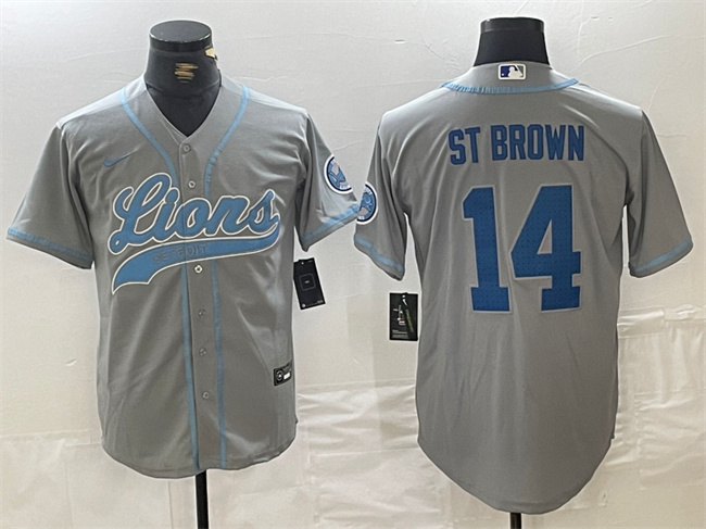 Men's Detroit Lions #14 Amon-Ra St. Brown Grey Cool Base Stitched Baseball Jersey